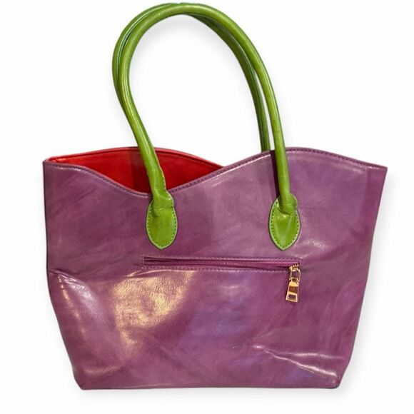 3D FLORAL Purple Red Green Leather Tote Shoulder Bag - Picture 4 of 6